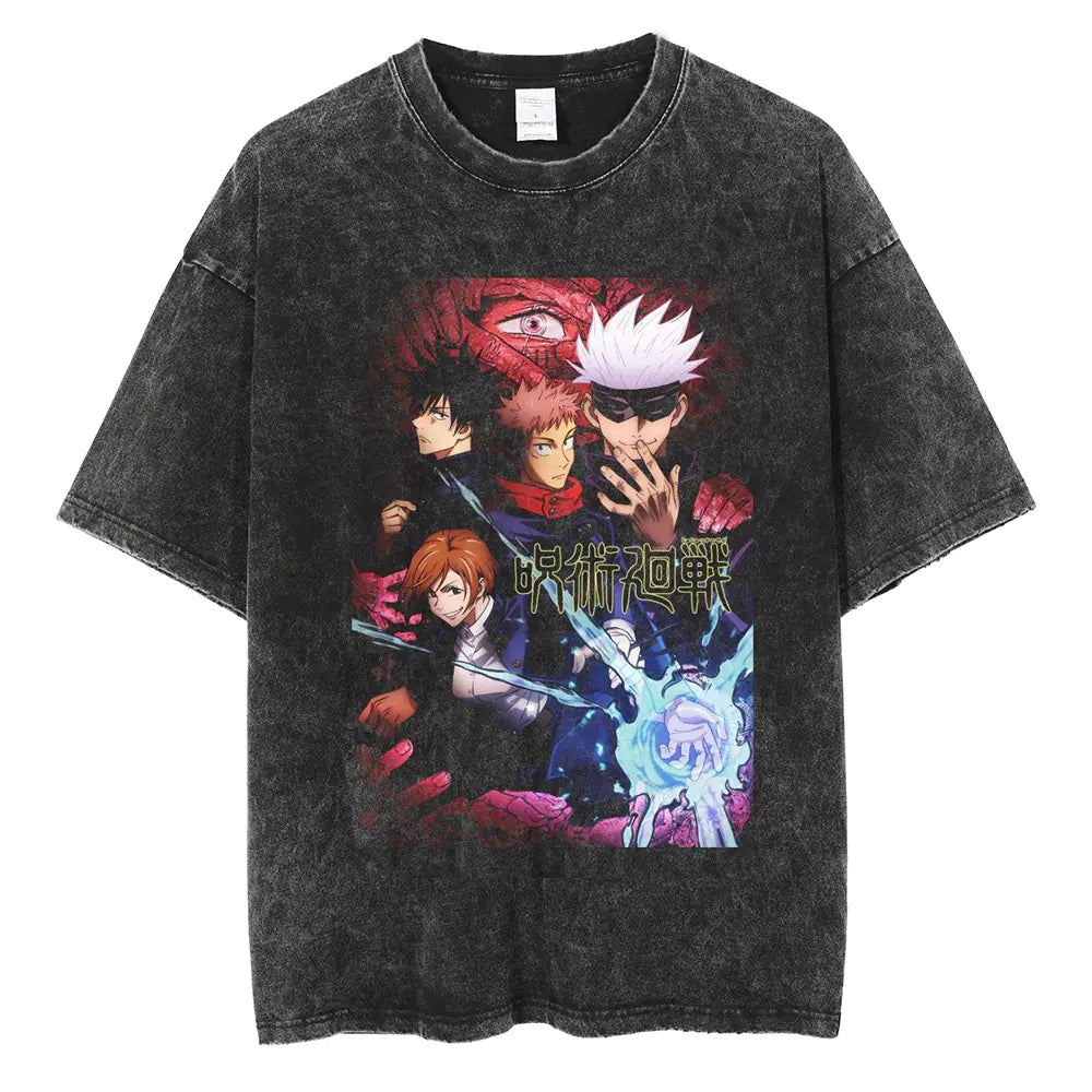 Vintage Washed Jujutsu Kaisen T-Shirt – Gojo & Team Retro Anime Tee