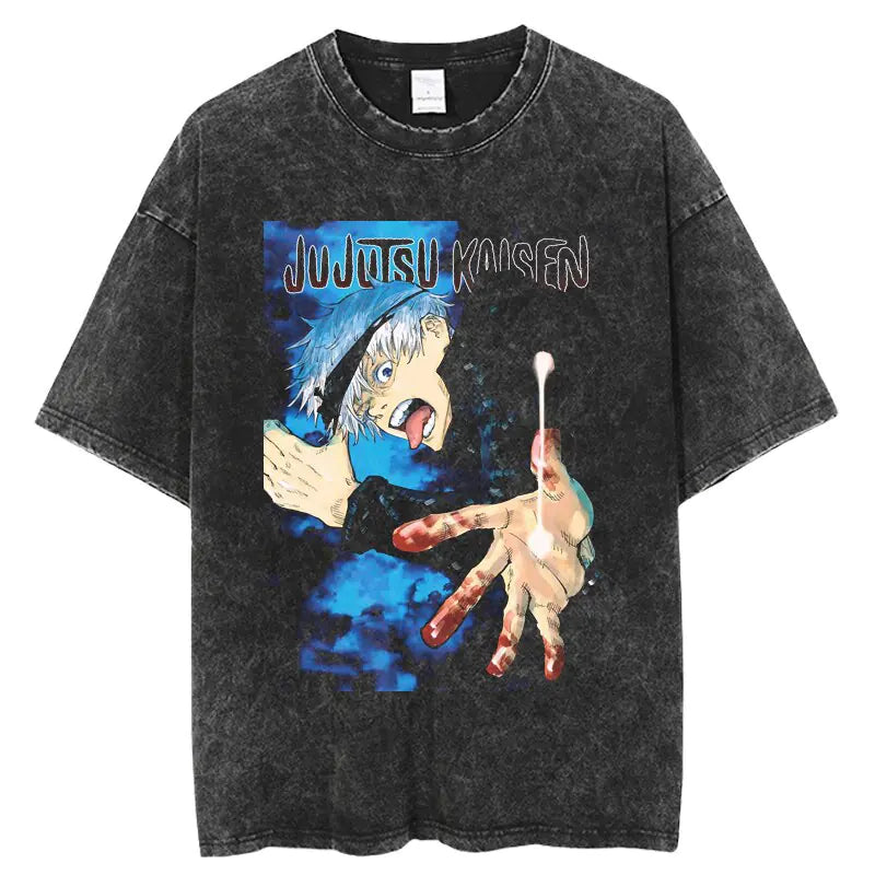 Vintage Washed Jujutsu Kaisen T-Shirt – Gojo & Team Retro Anime Tee