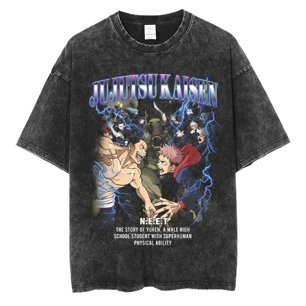 Vintage Washed Jujutsu Kaisen T-Shirt – Gojo & Team Retro Anime Tee